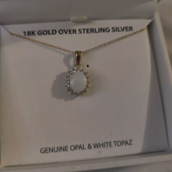 SOLD Genuine Opal White Topaz Necklace Pendant. Sterling Silver 18K Gold - Picture 4 of 5